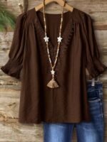 Elorivane Plus Size Women's Bohemian Linen Blend Blouse, 3/4 Sleeve Ruffle Collar Elegant Casual Daily Wear Top - Image 12
