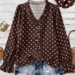 Elorivane Plus Size Women's Polka Dot V-Neck Blouse, Basic Casual Long Sleeve Daily Wear Top