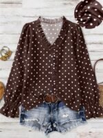 Elorivane Plus Size Women's Polka Dot V-Neck Blouse, Basic Casual Long Sleeve Daily Wear Top