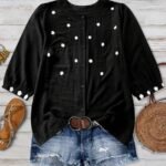 Elorivane Plus Size Women's Black White Contrast Embroidered Blouse, Round Neck Floral Embroidery Loose Retro Pastoral Autumn Boho Vacation Top