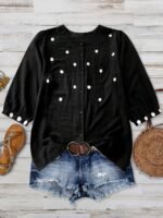 Elorivane Plus Size Women's Black White Contrast Embroidered Blouse, Round Neck Floral Embroidery Loose Retro Pastoral Autumn Boho Vacation Top