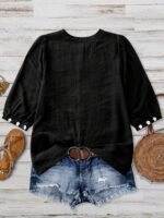 Elorivane Plus Size Women's Black White Contrast Embroidered Blouse, Round Neck Floral Embroidery Loose Retro Pastoral Autumn Boho Vacation Top - Image 2