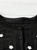 Elorivane Plus Size Women's Black White Contrast Embroidered Blouse, Round Neck Floral Embroidery Loose Retro Pastoral Autumn Boho Vacation Top - Image 5