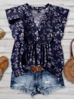 Elorivane Plus Size Women's Royal Blue Floral Blouse, Flutter Sleeve Floral Print Casual Summer Flower Top - Image 4