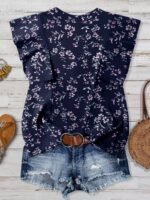 Elorivane Plus Size Women's Royal Blue Floral Blouse, Flutter Sleeve Floral Print Casual Summer Flower Top - Image 2