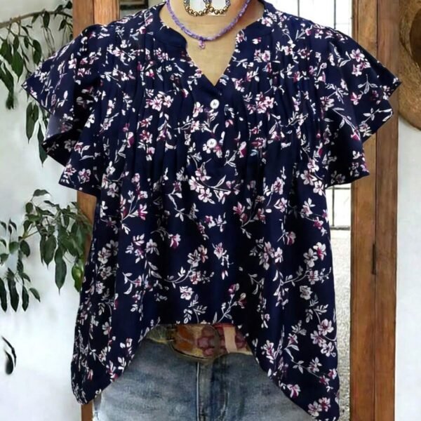 Elorivane Plus Size Women's Royal Blue Floral Blouse, Flutter Sleeve Floral Print Casual Summer Flower Top
