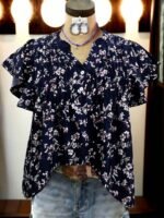 Elorivane Plus Size Women's Royal Blue Floral Blouse, Flutter Sleeve Floral Print Casual Summer Flower Top - Image 3