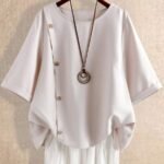 Elorivane Plus Size Solid Round Neck Button Casual Shirt