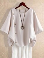 Elorivane Plus Size Solid Round Neck Button Casual Shirt
