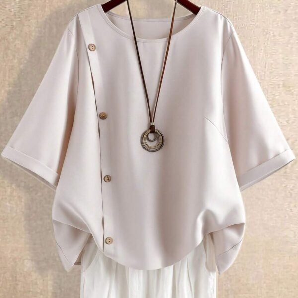 Elorivane Plus Size Solid Round Neck Button Casual Shirt