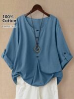 Elorivane Plus Size Women's Rust Orange 100% Cotton Linen Long Sleeve Blouse, Asymmetrical Hem Smart Casual Top for Summer Vacation, Business & Wedding Occasions - Image 11