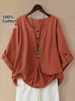 Elorivane Plus Size Women's Rust Orange 100% Cotton Linen Long Sleeve Blouse, Asymmetrical Hem Smart Casual Top for Summer Vacation, Business & Wedding Occasions - Image 16