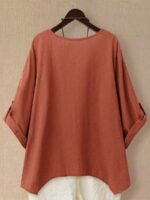Elorivane Plus Size Women's Rust Orange 100% Cotton Linen Long Sleeve Blouse, Asymmetrical Hem Smart Casual Top for Summer Vacation, Business & Wedding Occasions - Image 17