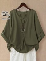 Elorivane Plus Size Women's Rust Orange 100% Cotton Linen Long Sleeve Blouse, Asymmetrical Hem Smart Casual Top for Summer Vacation, Business & Wedding Occasions - Image 6