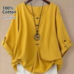 Elorivane Plus Size Women's Rust Orange 100% Cotton Linen Long Sleeve Blouse, Asymmetrical Hem Smart Casual Top for Summer Vacation, Business & Wedding Occasions