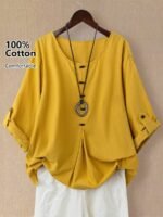Elorivane Plus Size Women's Rust Orange 100% Cotton Linen Long Sleeve Blouse, Asymmetrical Hem Smart Casual Top for Summer Vacation, Business & Wedding Occasions