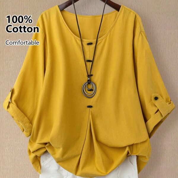 Elorivane Plus Size Women's Rust Orange 100% Cotton Linen Long Sleeve Blouse, Asymmetrical Hem Smart Casual Top for Summer Vacation, Business & Wedding Occasions