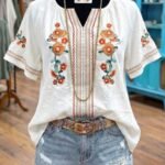 Elorivane Plus Size Women's V-Neck Embroidered Blouse, Elegant Casual Daily Wear Top