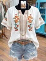 Elorivane Plus Size Women's V-Neck Embroidered Blouse, Elegant Casual Daily Wear Top - Image 3