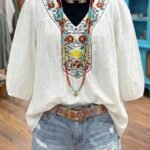 Elorivane Plus Size Women's Embroidered Blouse, Loose Fit Versatile 3/4 Sleeve Casual Top for Fall Vacation Wear