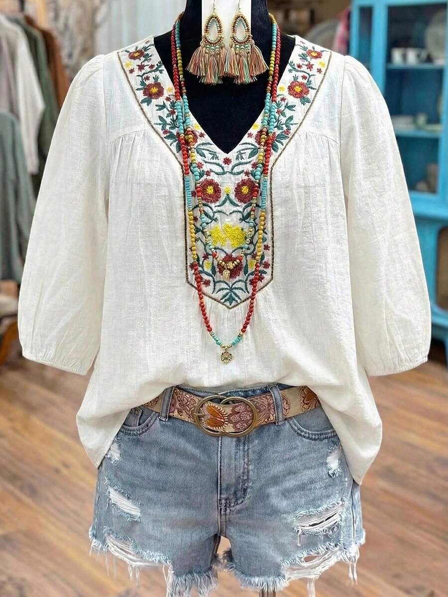 17758313641644822272f4c83055bb6bbf1cf6f7a0_thumbnail_900x Elorivane Plus Size Women's Embroidered Blouse, Loose Fit Versatile 3/4 Sleeve Casual Top for Fall Vacation Wear - Image 1