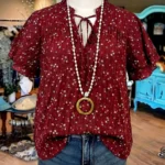 Elorivane Plus Size Women's Burgundy Mandarin Collar Crinkle Ditsy Floral Blouse, Double Ruffle Sleeve Loose Summer Boho Vacation Top
