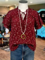 Elorivane Plus Size Women's Burgundy Mandarin Collar Crinkle Ditsy Floral Blouse, Double Ruffle Sleeve Loose Summer Boho Vacation Top