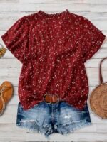 Elorivane Plus Size Women's Burgundy Mandarin Collar Crinkle Ditsy Floral Blouse, Double Ruffle Sleeve Loose Summer Boho Vacation Top - Image 2