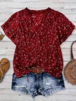 Elorivane Plus Size Women's Burgundy Mandarin Collar Crinkle Ditsy Floral Blouse, Double Ruffle Sleeve Loose Summer Boho Vacation Top - Image 6