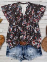 Elorivane Plus Size Women's Brown Polka Dot V-Neck Flutter Sleeve Ruched Blouse, Retro Boho Chic Sweet Summer Beach Casual Top - Image 3