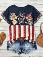 Elorivane Plus Size Women's Navy Blue Floral Print V-Neck Blouse, 1920s Vintage Boho Elegant Loose Casual Top for Summer Beach Vacation, Daily Wear & Commute - Image 2