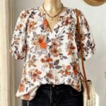 Elorivane Plus Size Women's Brown V-Neck Floral Print Loose Blouse, Elegant Casual Top for Daily Commute & Summer Wear