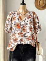 Elorivane Plus Size Women's Brown V-Neck Floral Print Loose Blouse, Elegant Casual Top for Daily Commute & Summer Wear