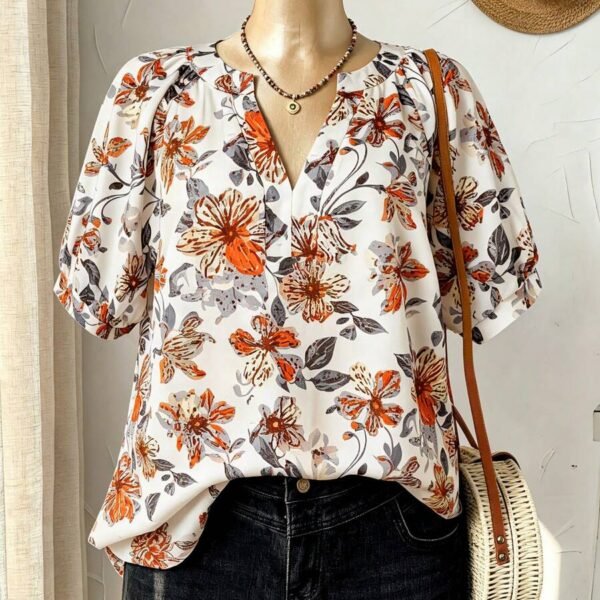 Elorivane Plus Size Women's Brown V-Neck Floral Print Loose Blouse, Elegant Casual Top for Daily Commute & Summer Wear
