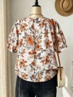 Elorivane Plus Size Women's Brown V-Neck Floral Print Loose Blouse, Elegant Casual Top for Daily Commute & Summer Wear - Image 2