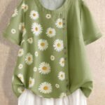 Elorivane Plus Size Sage Green Daisy Print Short Sleeve Loose Button Blouse Summer