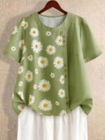 Elorivane Plus Size Sage Green Daisy Print Short Sleeve Loose Button Blouse Summer