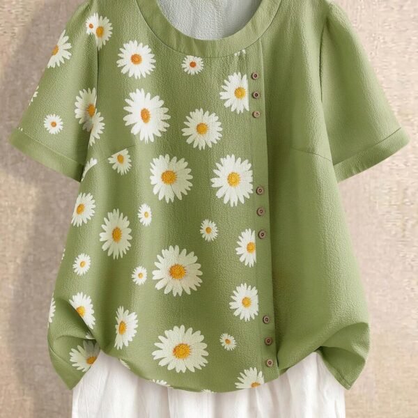 Elorivane Plus Size Sage Green Daisy Print Short Sleeve Loose Button Blouse Summer