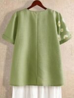Elorivane Plus Size Sage Green Daisy Print Short Sleeve Loose Button Blouse Summer - Image 2