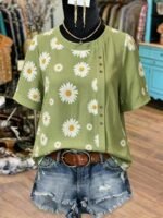 Elorivane Plus Size Sage Green Daisy Print Short Sleeve Loose Button Blouse Summer - Image 3