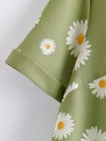 Elorivane Plus Size Sage Green Daisy Print Short Sleeve Loose Button Blouse Summer - Image 4