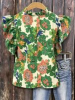 Elorivane Plus Size Women's Pleated V-Neck Floral Shirt, Flowing Sleeve Casual Blouse Ideal for Summer Vacation Outfits - Image 2