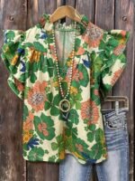 Elorivane Plus Size Women's Pleated V-Neck Floral Shirt, Flowing Sleeve Casual Blouse Ideal for Summer Vacation Outfits - Image 4