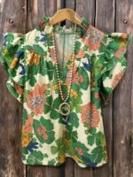 Elorivane Plus Size Women's Pleated V-Neck Floral Shirt, Flowing Sleeve Casual Blouse Ideal for Summer Vacation Outfits - Image 5
