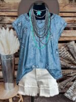 Elorivane Plus Size Faux Denim Print Casual Pastoral Blouse Spring Summer