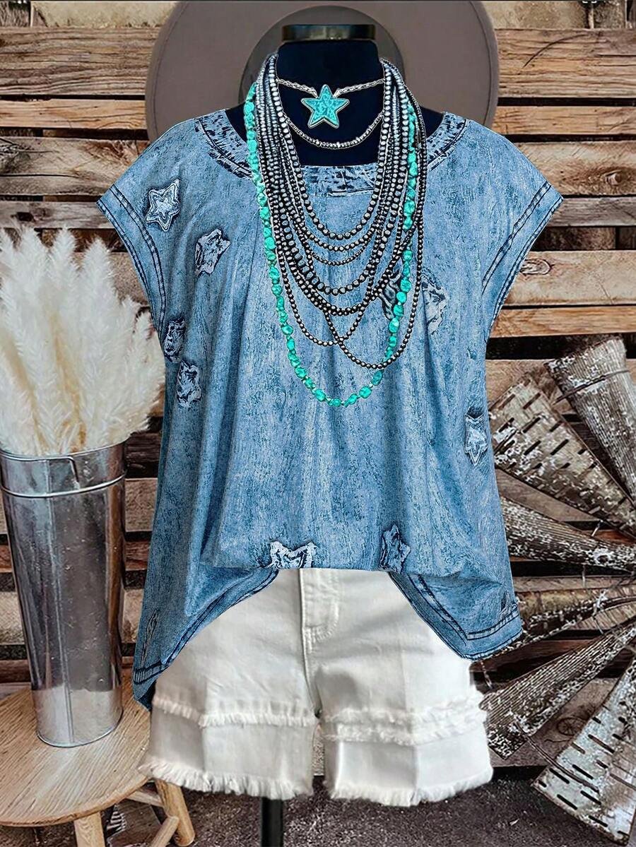 1779258288e1da26a50a36926c935a62cfef685da7_thumbnail_900x Elorivane Plus Size Faux Denim Print Casual Pastoral Blouse Spring Summer - Image 1