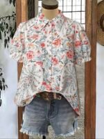 Elorivane Plus Size Women's Vintage Paisley Floral Short Sleeve Shirt, Lapel Puff Sleeve Single-Breasted Loose Straight Fit Bohemian Vacation Blouse - Image 5