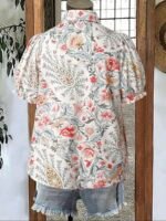 Elorivane Plus Size Women's Vintage Paisley Floral Short Sleeve Shirt, Lapel Puff Sleeve Single-Breasted Loose Straight Fit Bohemian Vacation Blouse - Image 2