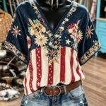 Elorivane Plus Size Women's Navy Blue Floral Print V-Neck Blouse, 1920s Vintage Boho Elegant Loose Casual Top for Summer Beach Vacation, Daily Wear & Commute