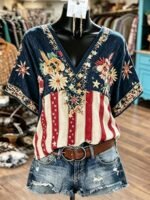Elorivane Plus Size Women's Navy Blue Floral Print V-Neck Blouse, 1920s Vintage Boho Elegant Loose Casual Top for Summer Beach Vacation, Daily Wear & Commute